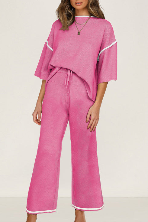 Contrast Trim Textured Knit Half Sleeve Drop Shoulder Drawstring Waist Wide Leg Two Piece Pant Set